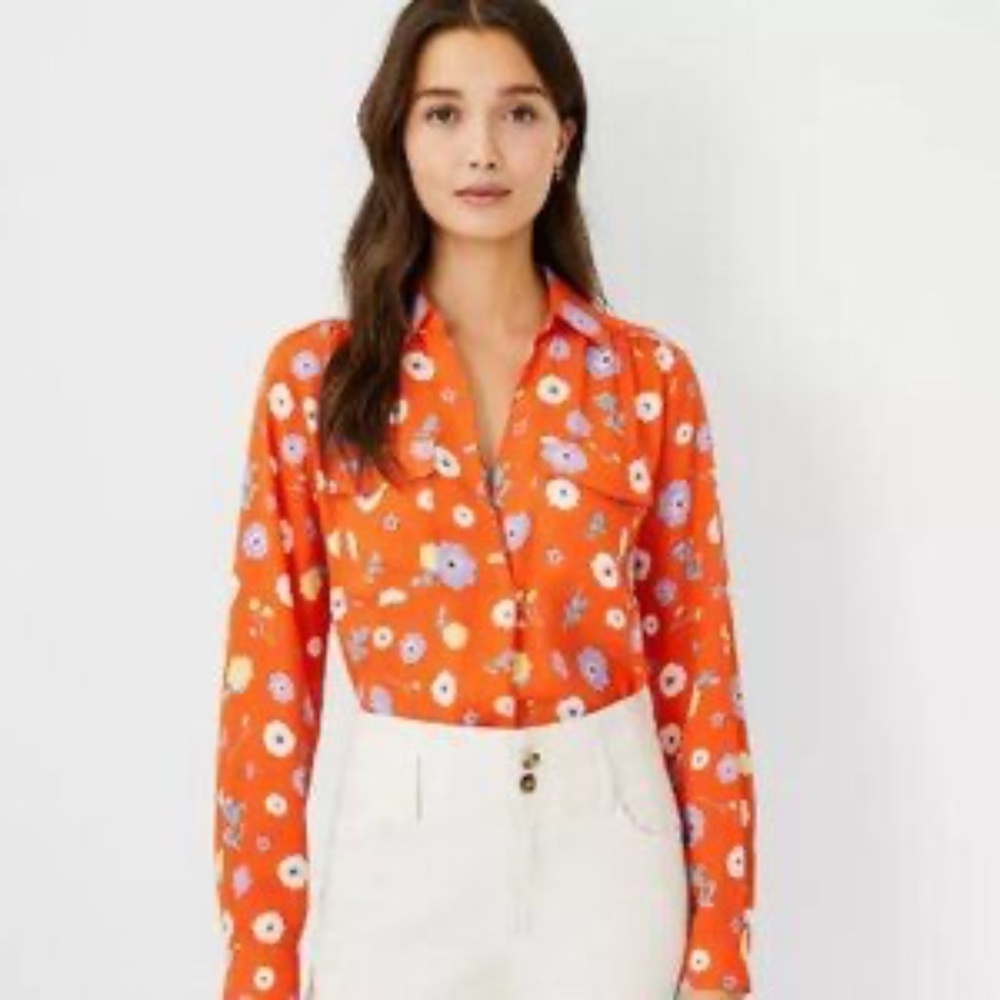 Ann Taylor Popover Orange Floral Camp Shirt Size M